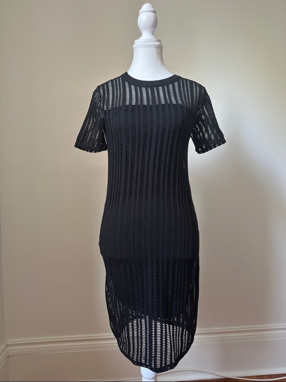 ALEXANDER WANG Black Perforated Knit Bodycon Short Sleeve Mini Dress Medium